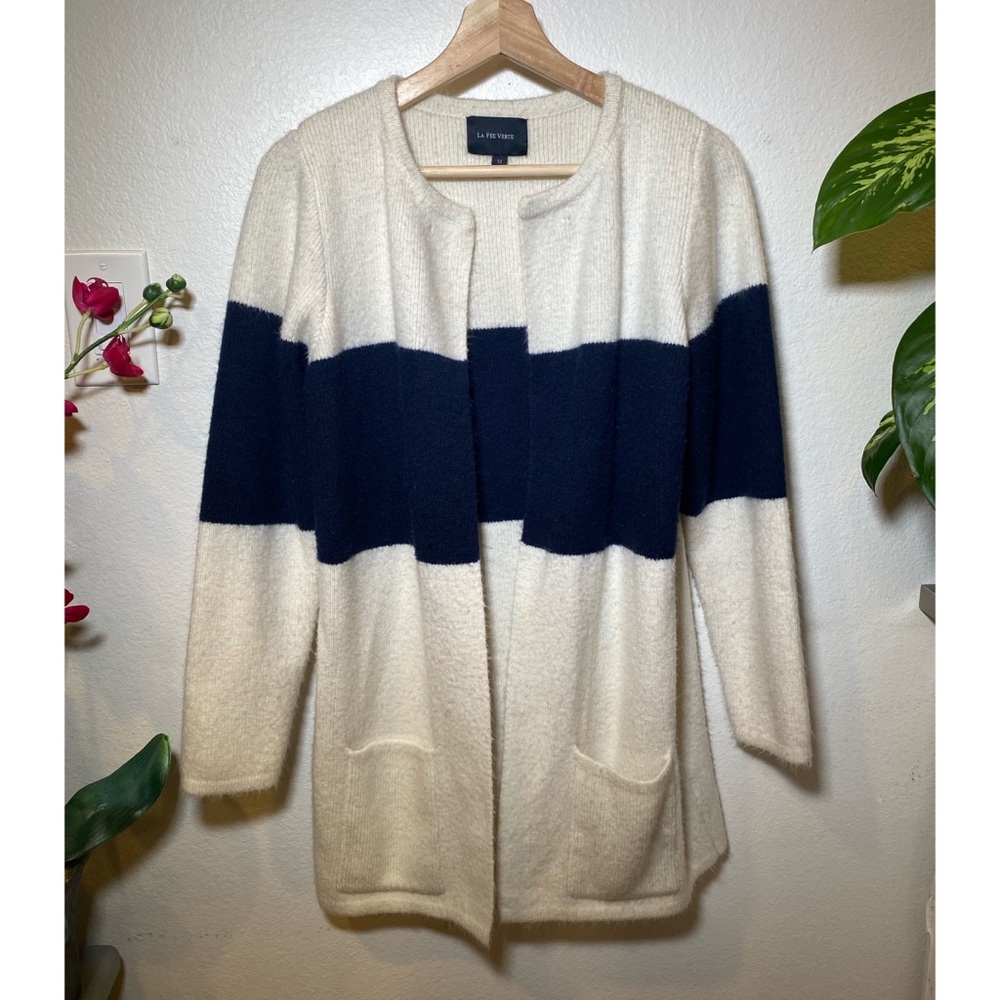 Anthropologie Cream Cardigan with Navy Stripe